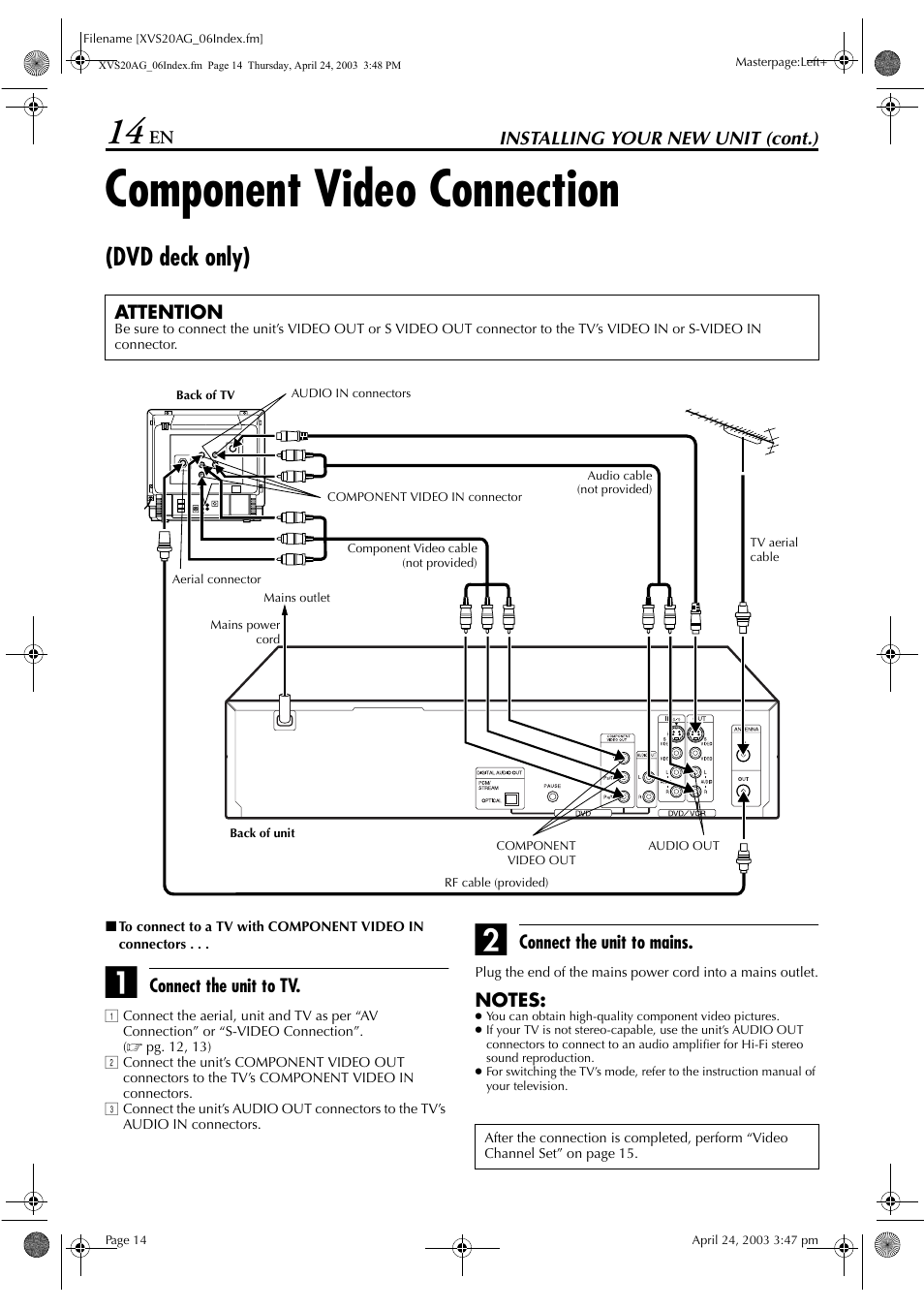 Component video connection (dvd deck only), Component video connection, Dvd deck only) | Pg. 14 | JVC LPT0762-001B User Manual | Page 14 / 100