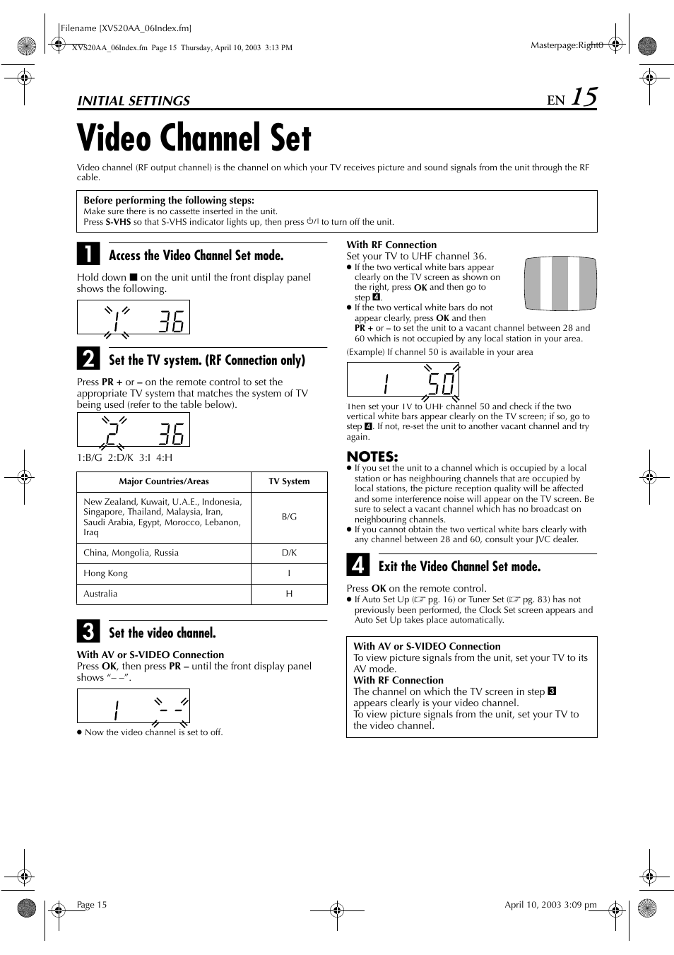 Initial settings, Video channel set, Pg. 15 | M “video channel set | JVC LPT0762-001B User Manual | Page 15 / 100