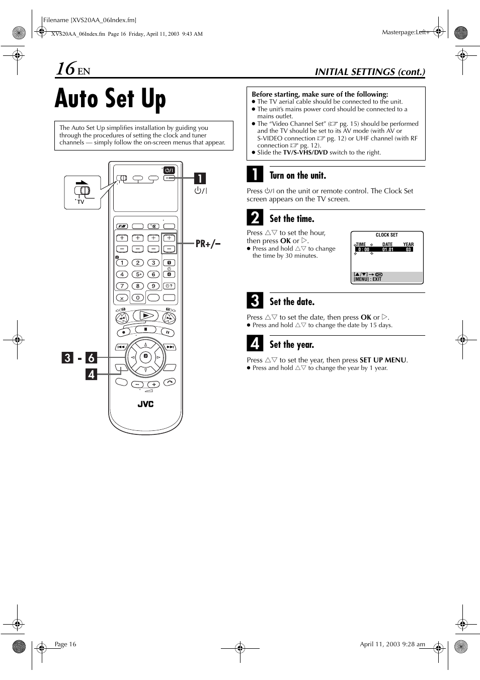 Auto set up, Pg. 16 | JVC LPT0762-001B User Manual | Page 16 / 100