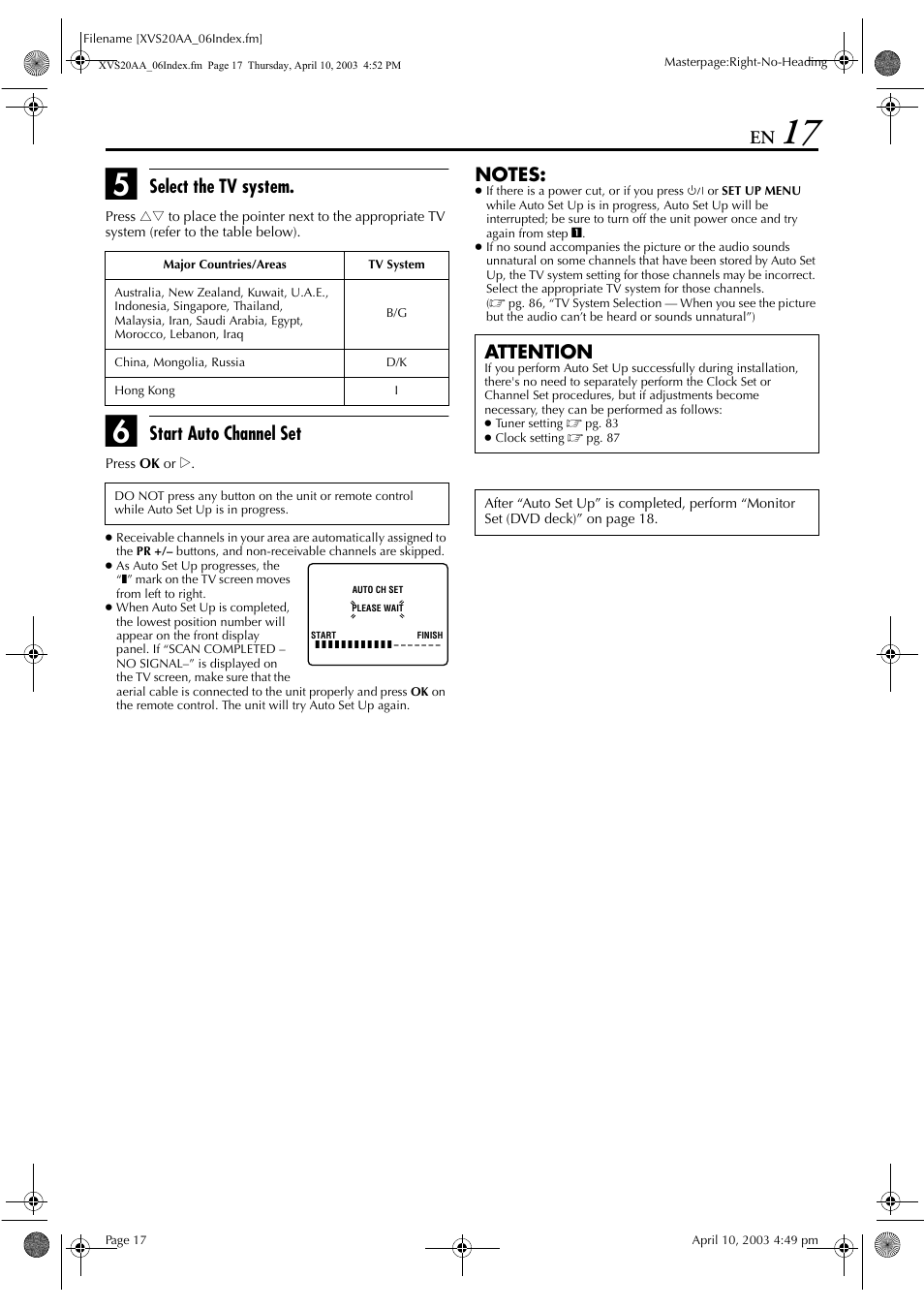 Select the tv system, Start auto channel set, Attention | JVC LPT0762-001B User Manual | Page 17 / 100