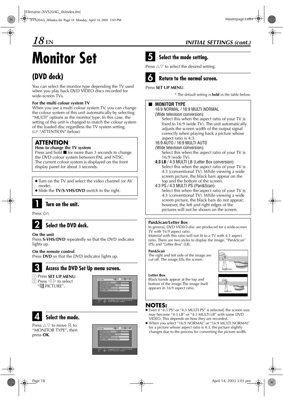 Monitor set (dvd deck), Pg. 18, Monitor set | Dvd deck), Initial settings (cont.), Turn on the unit, Select the dvd deck, Access the dvd set up menu screen, Select the mode, Select the mode setting | JVC LPT0762-001B User Manual | Page 18 / 100