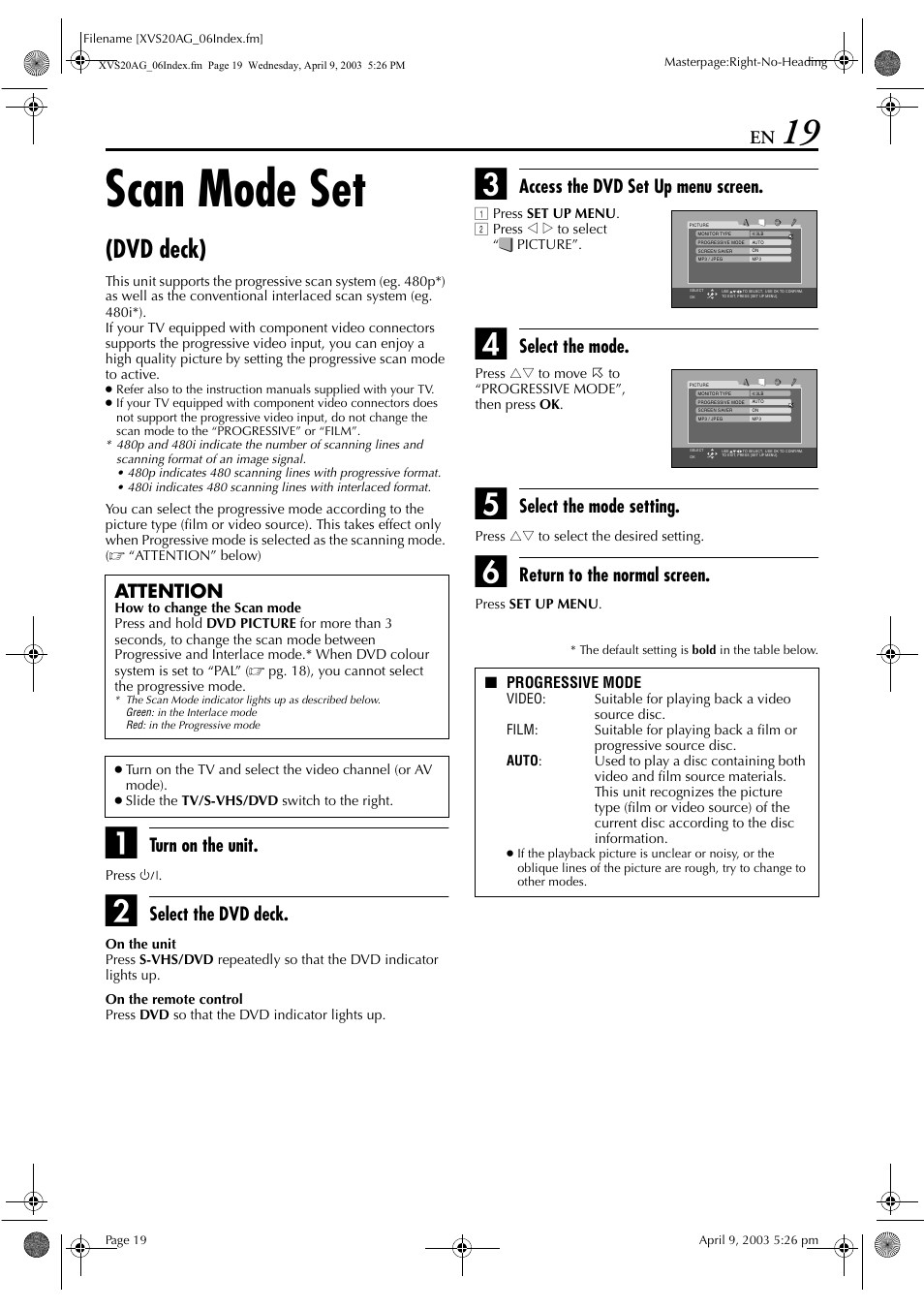 Scan mode set (dvd deck), Pg. 19, Scan mode set | Dvd deck), Turn on the unit, Select the dvd deck, Access the dvd set up menu screen, Select the mode, Select the mode setting, Return to the normal screen | JVC LPT0762-001B User Manual | Page 19 / 100