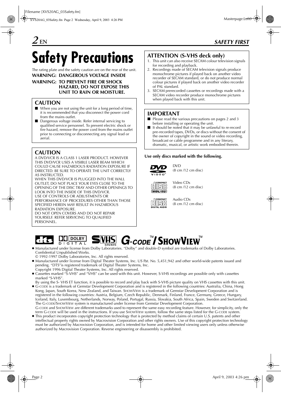 Safety first, Safety precautions, Caution | Attention (s-vhs deck only), Important | JVC LPT0762-001B User Manual | Page 2 / 100