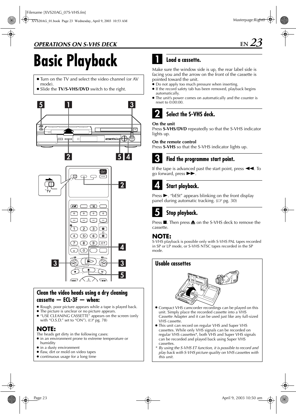 Operations on s-vhs deck, Basic playback, Pg. 23, 27 | Pg. 23, 2, Pg. 23, Pg. 23, 40 | JVC LPT0762-001B User Manual | Page 23 / 100