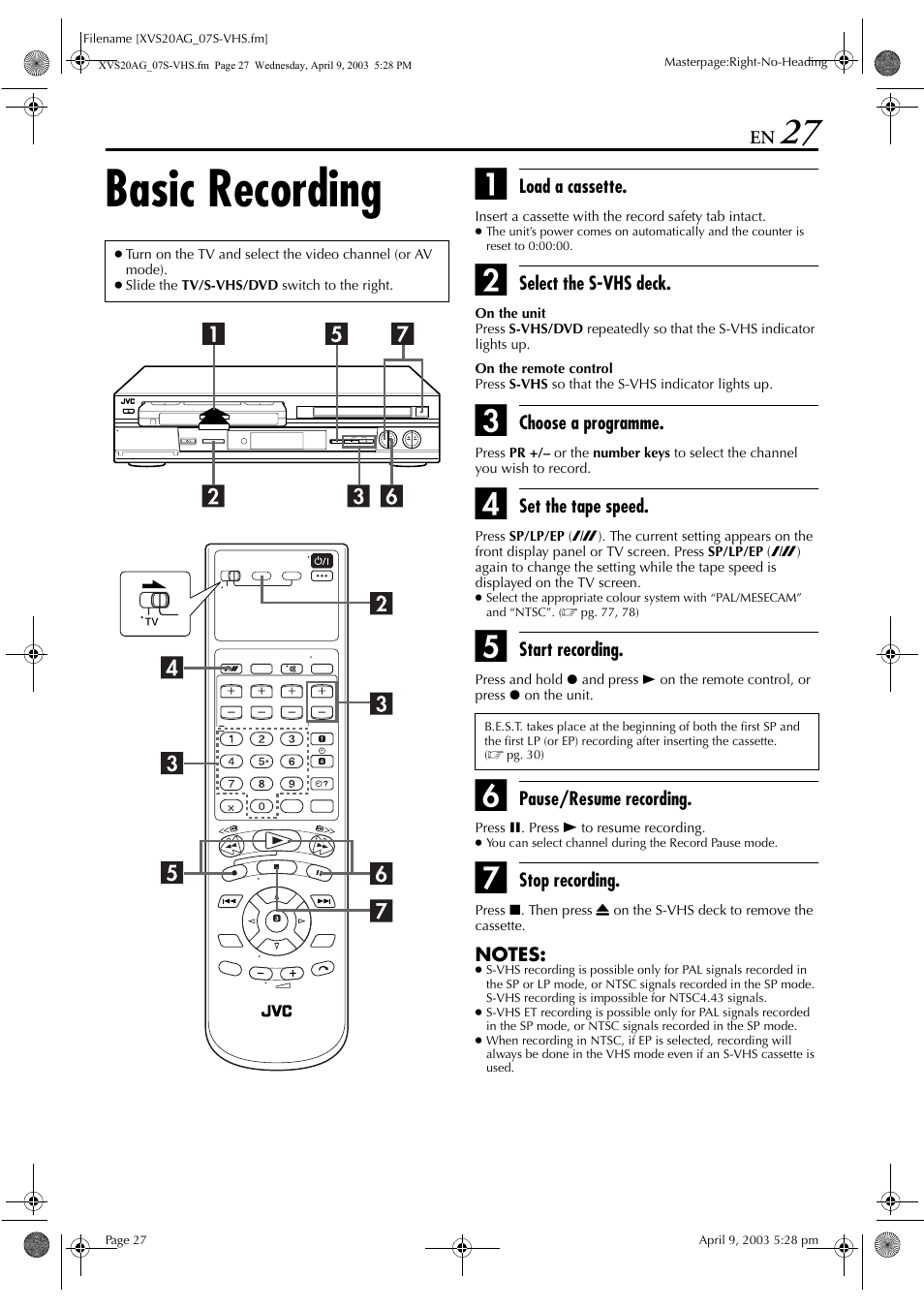 Basic recording, Pg. 27, Pg. 27, 32 | JVC LPT0762-001B User Manual | Page 27 / 100