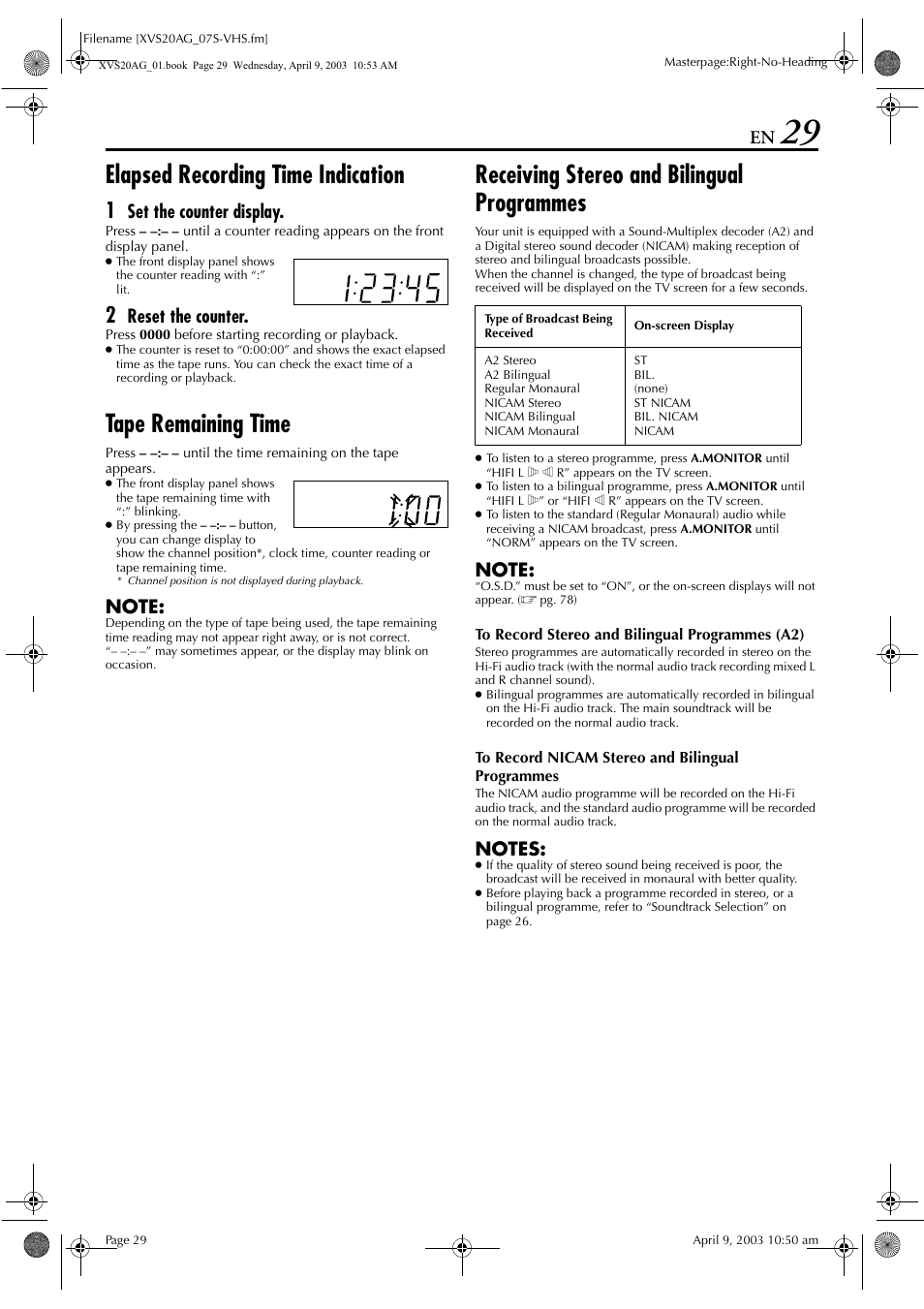 Elapsed recording time indication, Tape remaining time, Receiving stereo and bilingual programmes | Pg. 29, Set the counter display, Reset the counter | JVC LPT0762-001B User Manual | Page 29 / 100