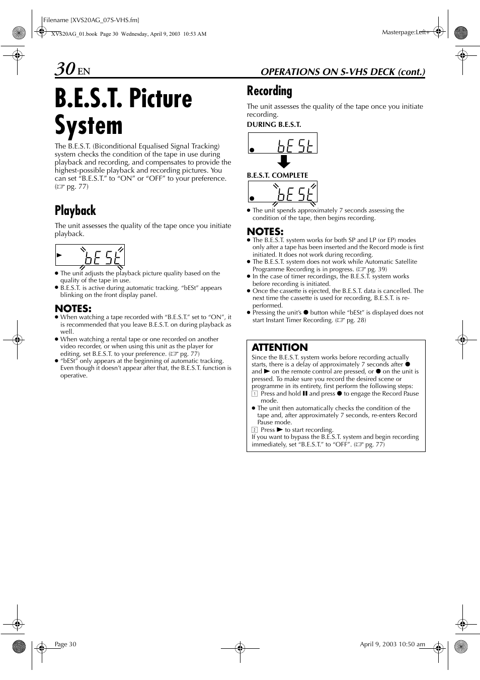 B.e.s.t. picture system, Playback, Recording | King, Pg. 30), Operations on s-vhs deck (cont.), Attention | JVC LPT0762-001B User Manual | Page 30 / 100