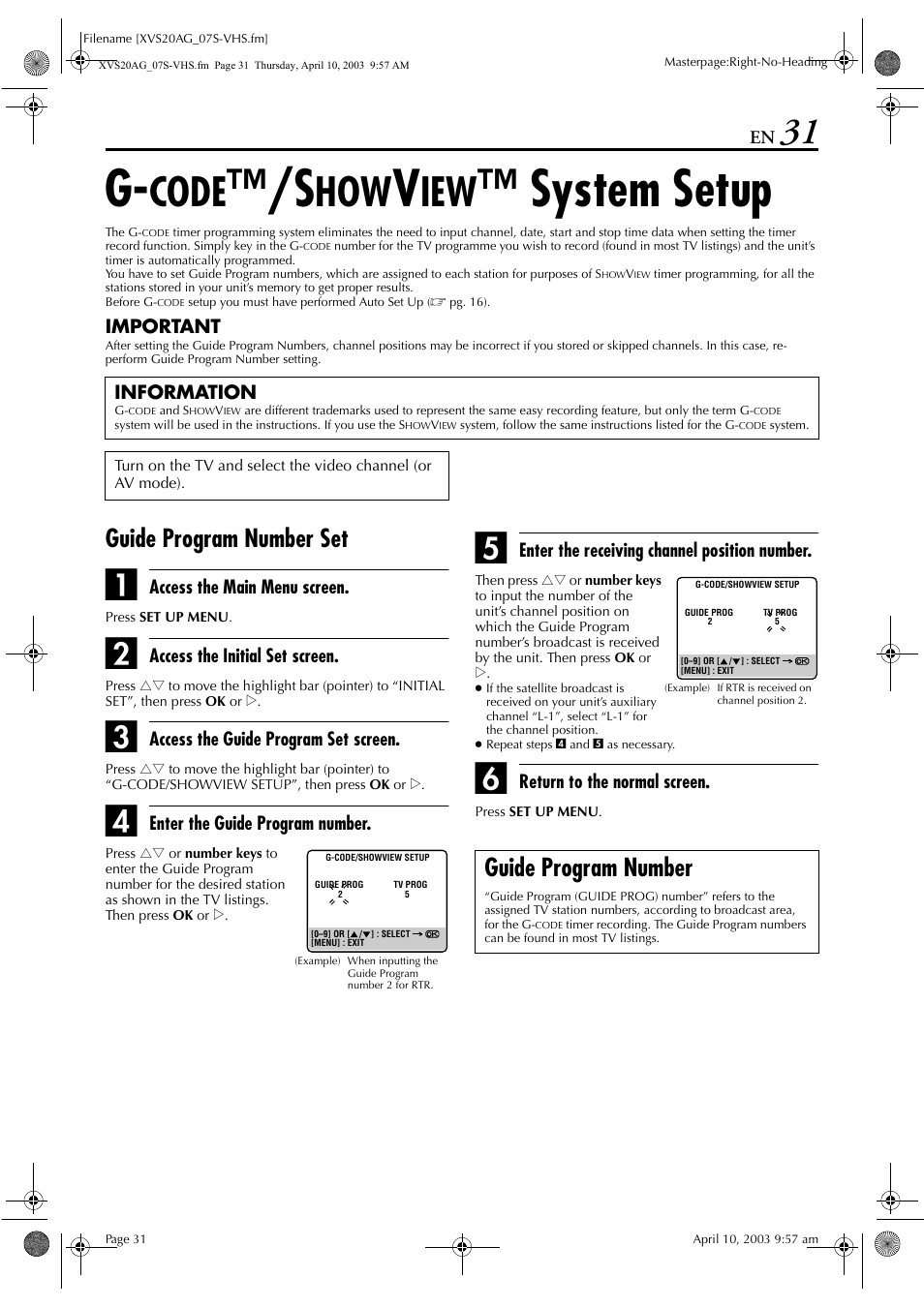 G-code™/showview™ system setup, Guide program number set, Guide program number | Code, System setup | JVC LPT0762-001B User Manual | Page 31 / 100