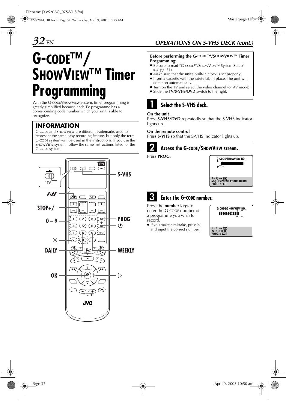 G-code™/ showview™ timer programming, Code, Pg. 32 | Timer programming | JVC LPT0762-001B User Manual | Page 32 / 100