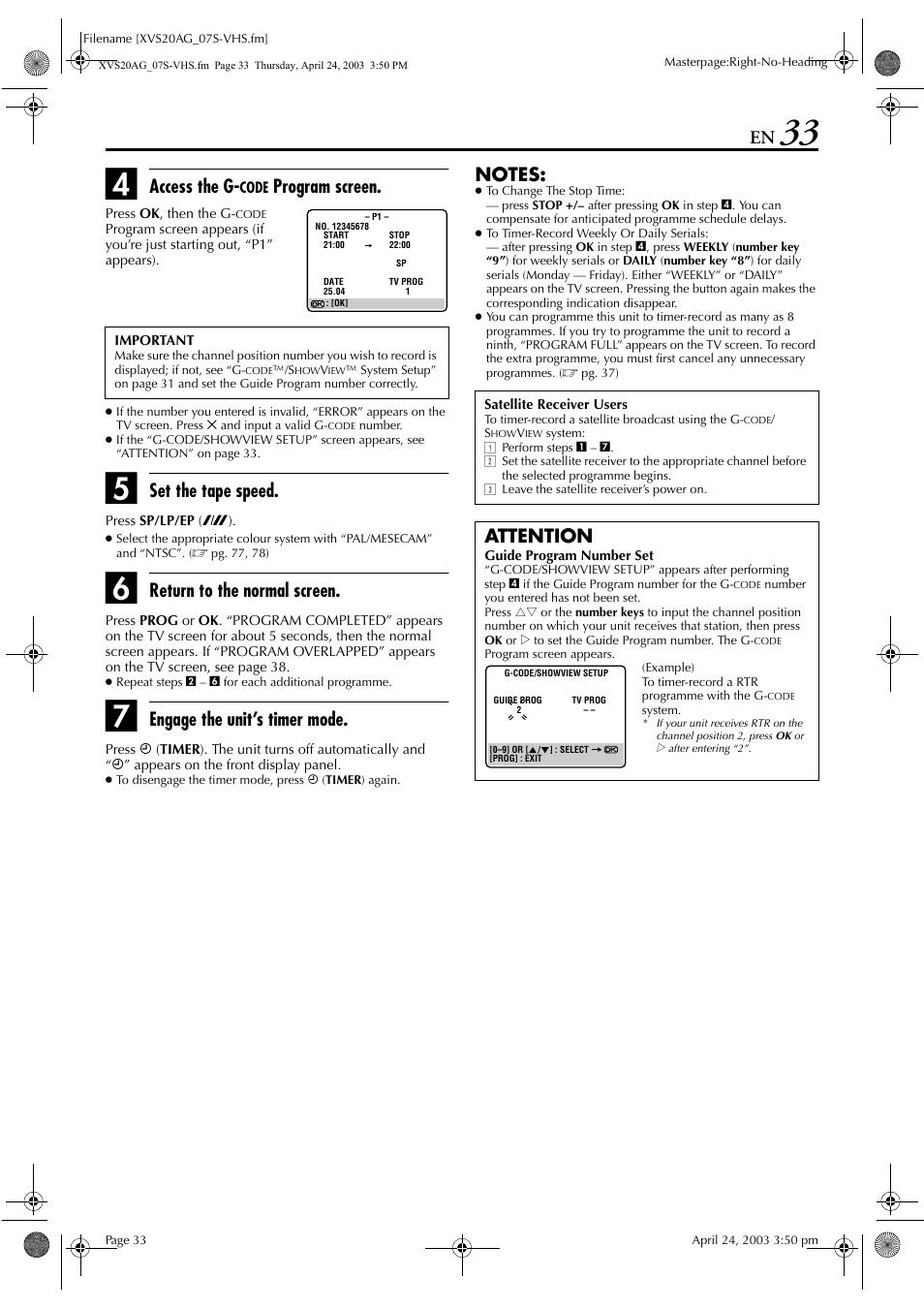 Pg. 33, 35, Pg. 33, Pg. 33, 3 | Access the g, Program screen, Set the tape speed, Return to the normal screen, Engage the unit’s timer mode, Attention | JVC LPT0762-001B User Manual | Page 33 / 100