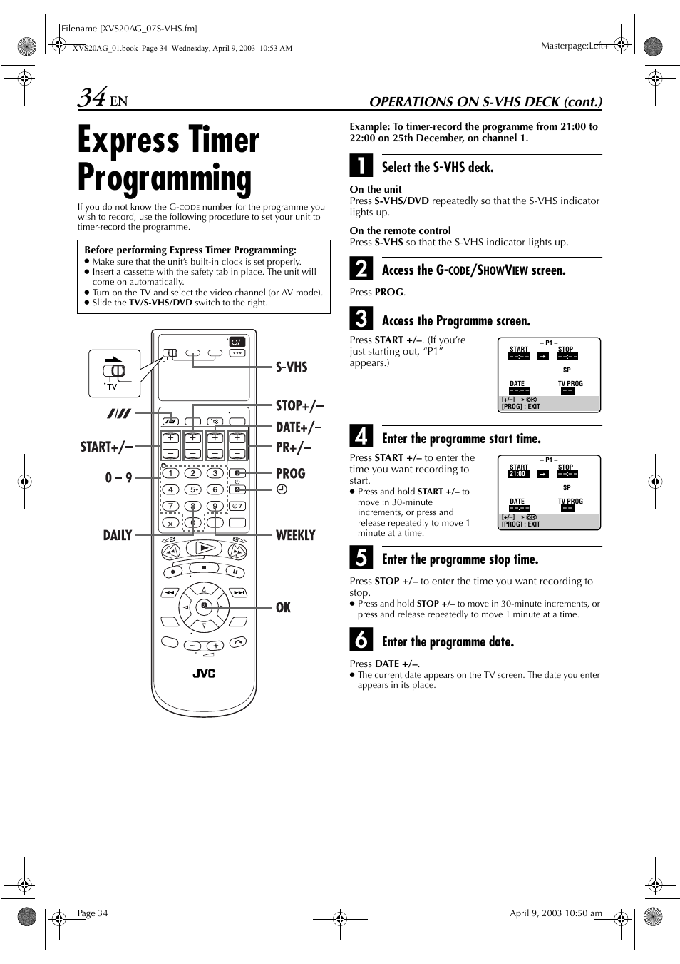 Express timer programming, Pg. 34 | JVC LPT0762-001B User Manual | Page 34 / 100