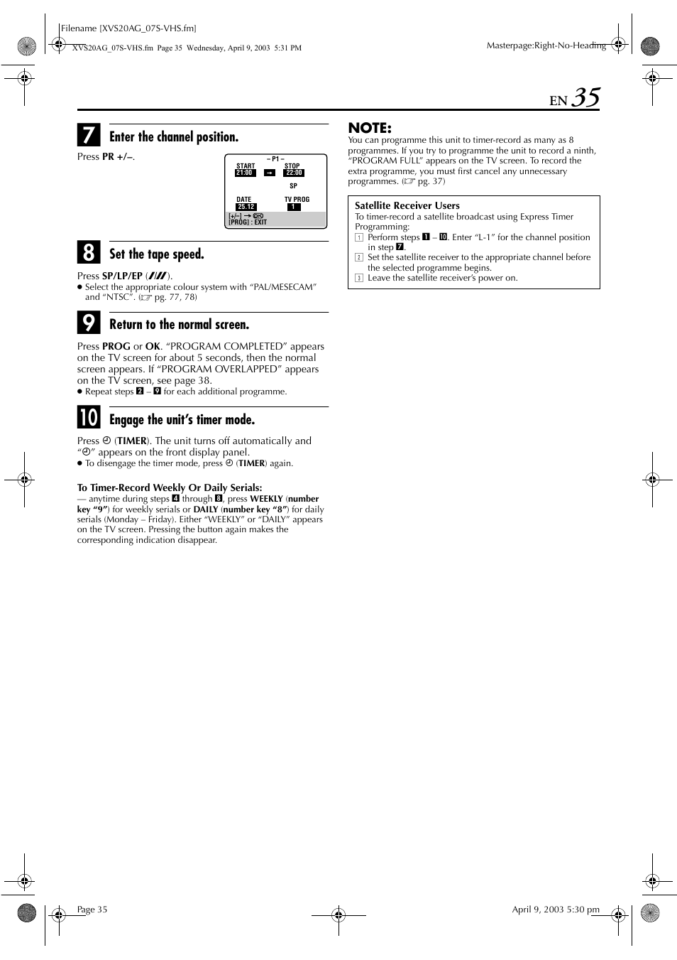 Enter the channel position, Set the tape speed, Return to the normal screen | Engage the unit’s timer mode | JVC LPT0762-001B User Manual | Page 35 / 100