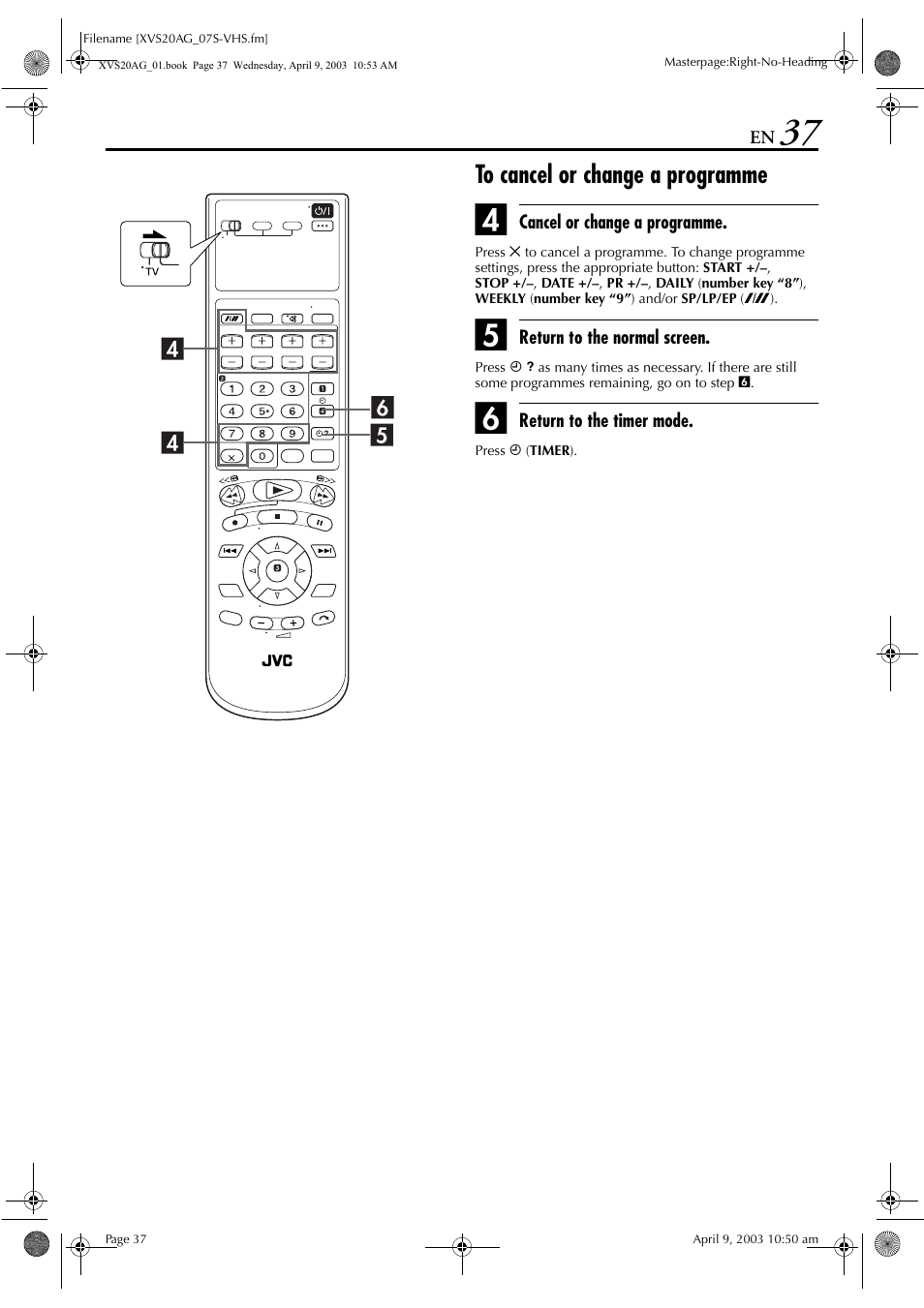 To cancel or change a programme, Pg. 37, Mmes | Pg. 37) | JVC LPT0762-001B User Manual | Page 37 / 100