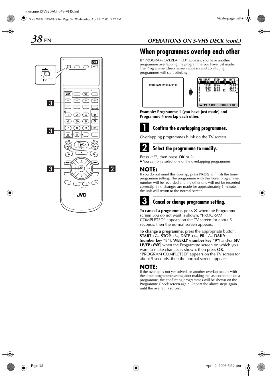 When programmes overlap each other, Additional progr, Timer mode | Operations on s-vhs deck (cont.), Confirm the overlapping programmes, Select the programme to modify, Cancel or change programme setting | JVC LPT0762-001B User Manual | Page 38 / 100