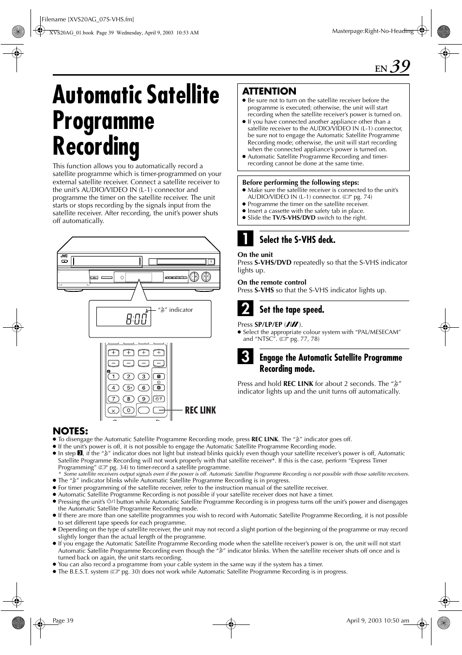 Automatic satellite programme recording, Pg. 39, Pg. 39) | JVC LPT0762-001B User Manual | Page 39 / 100