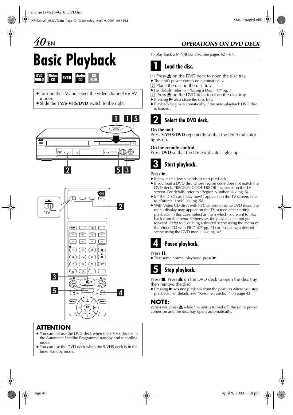 Operations on dvd deck, Basic playback, Pg. 40 | JVC LPT0762-001B User Manual | Page 40 / 100