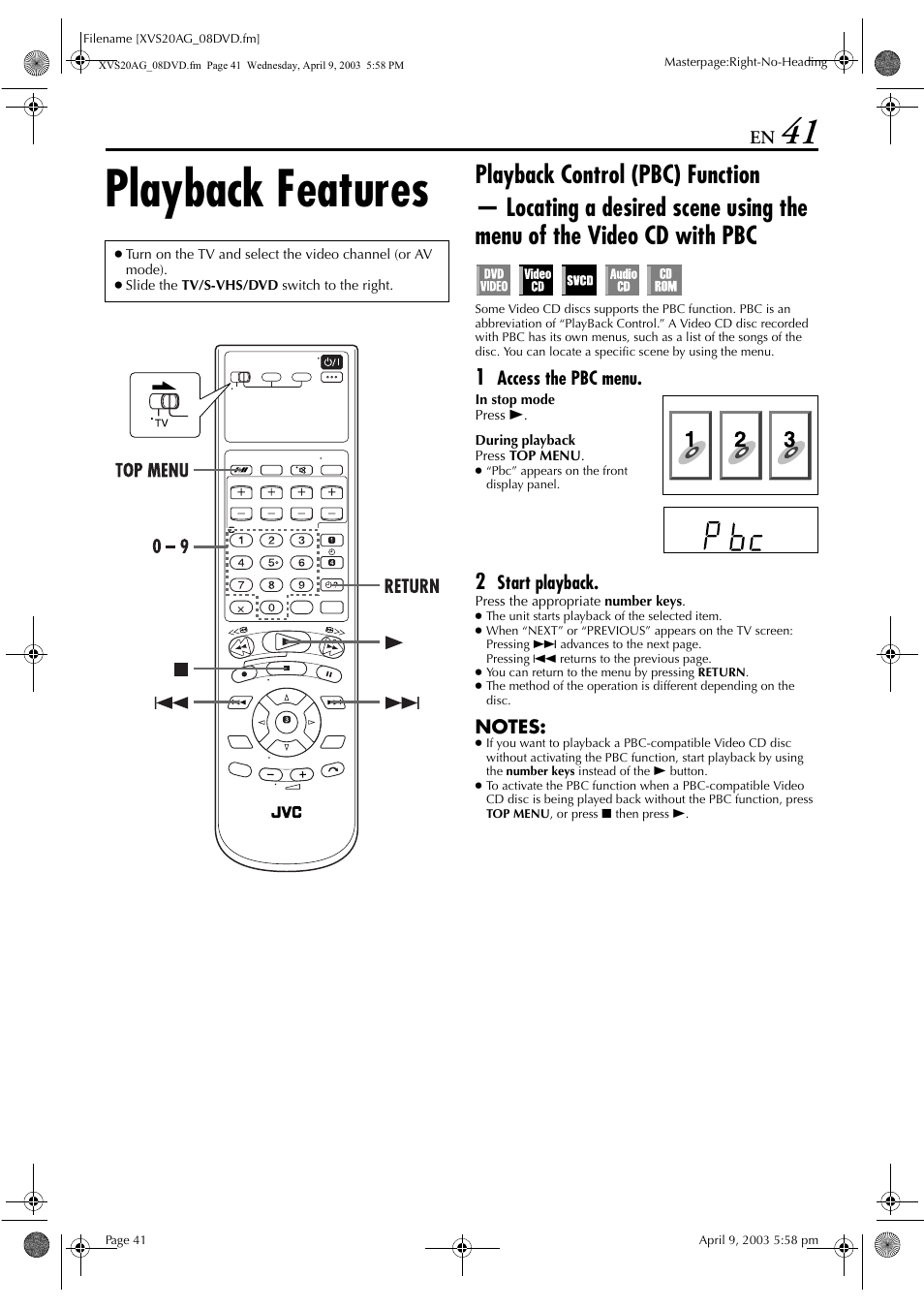 Playback features, Playback control (pbc) function, Pg. 41) or | Access the pbc menu, Start playback | JVC LPT0762-001B User Manual | Page 41 / 100