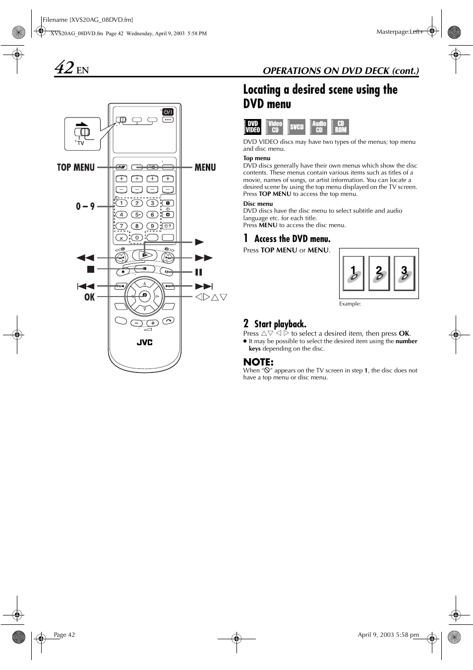 Locating a desired scene using the dvd menu, Pg. 42, Locating a desired | Scene using the dvd menu, Pg. 42) | JVC LPT0762-001B User Manual | Page 42 / 100