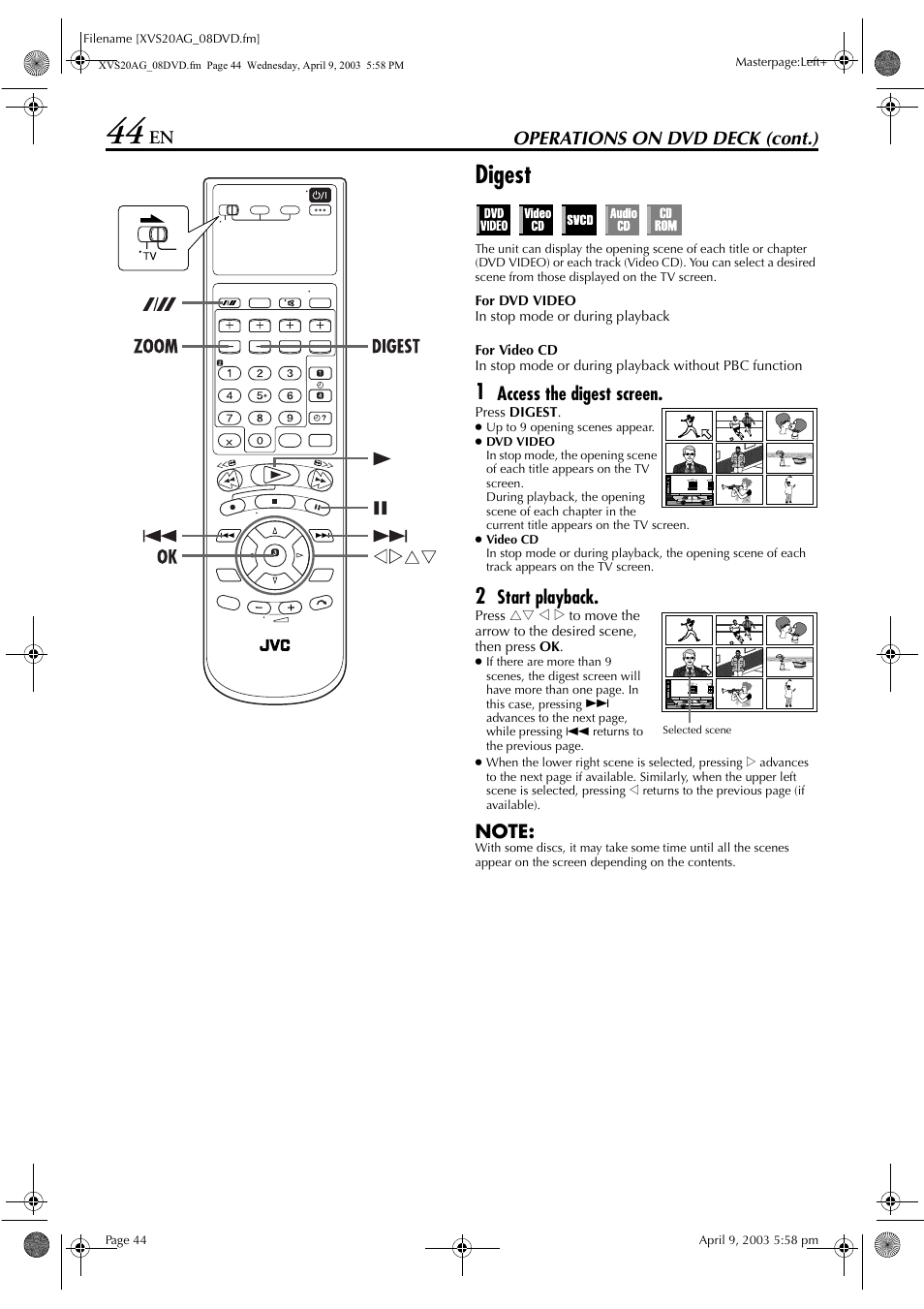 Digest, Pg. 44, Operations on dvd deck (cont.) | Access the digest screen, Start playback | JVC LPT0762-001B User Manual | Page 44 / 100