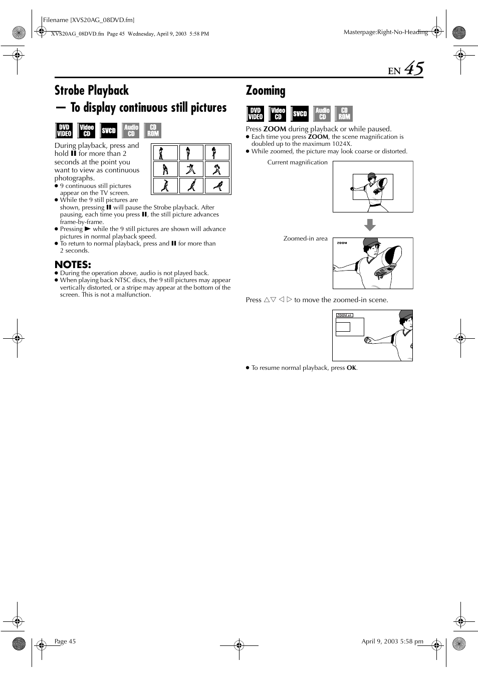 Strobe playback, Zooming, Pg. 45 | Pause mode, Pg. 45). t | JVC LPT0762-001B User Manual | Page 45 / 100