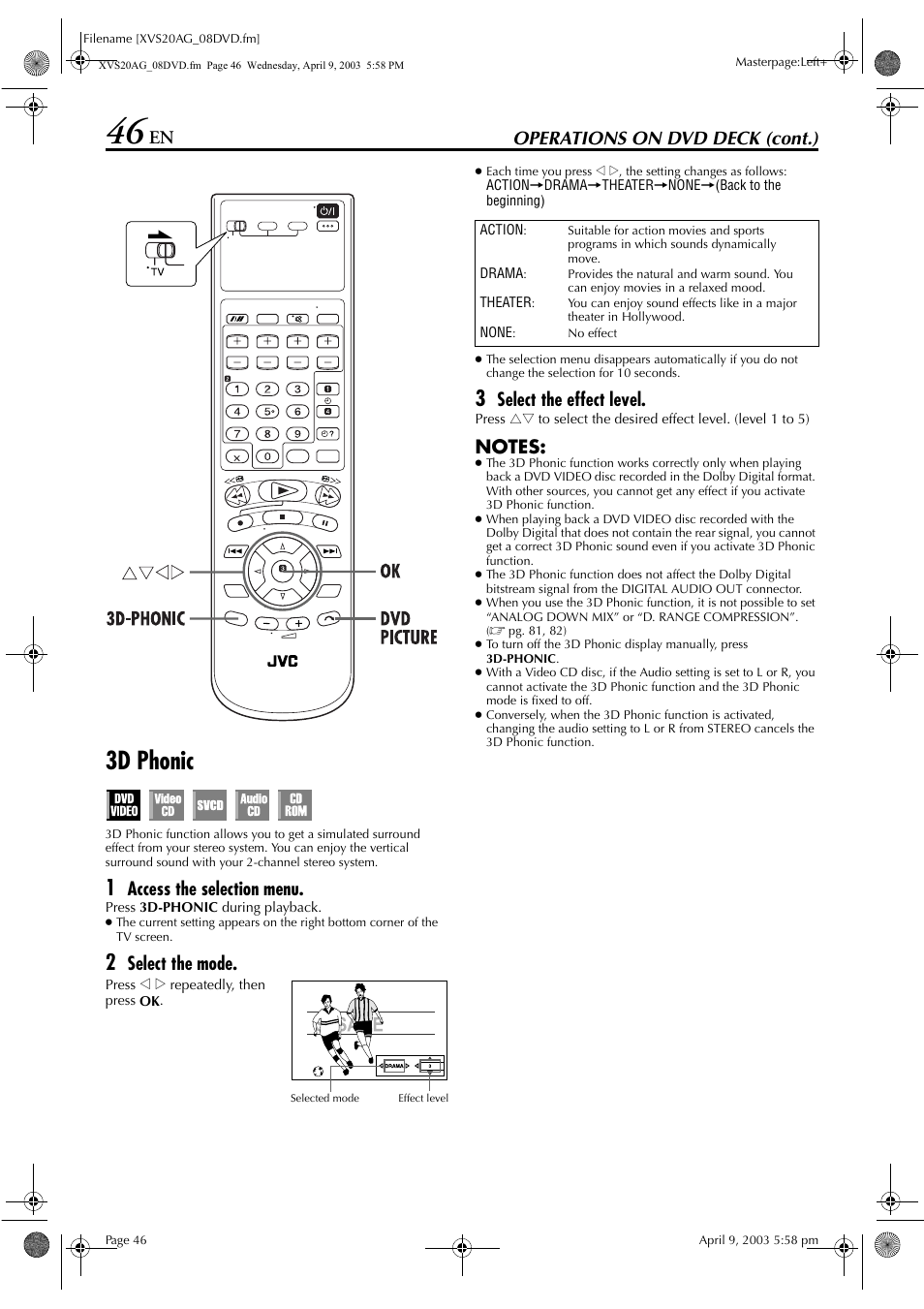 3d phonic, Pg. 46, Operations on dvd deck (cont.) | Access the selection menu, Select the mode, Select the effect level | JVC LPT0762-001B User Manual | Page 46 / 100