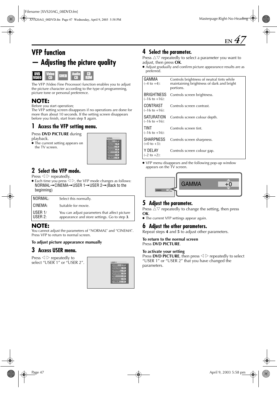 Vfp function, Pg. 47, Vfp function — adjusting the picture quality | 0 gamma, Access the vfp setting menu, Select the vfp mode, Access user menu, Select the parameter, Adjust the parameter, Adjust the other parameters | JVC LPT0762-001B User Manual | Page 47 / 100
