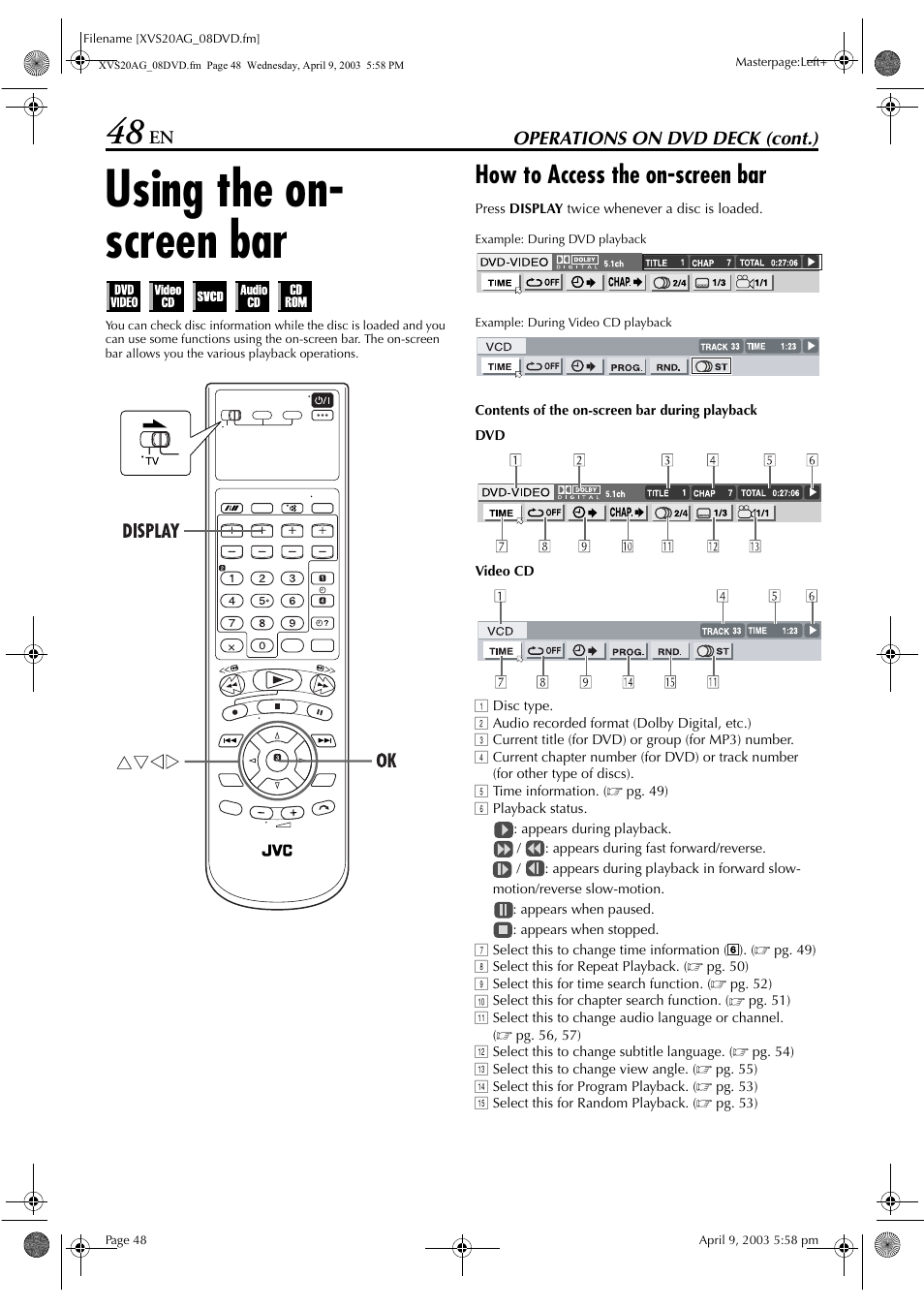 Using the on-screen bar, How to access the on-screen bar, To “using the on-screen bar | Pg. 48), Pg. 48, Using the on- screen bar | JVC LPT0762-001B User Manual | Page 48 / 100