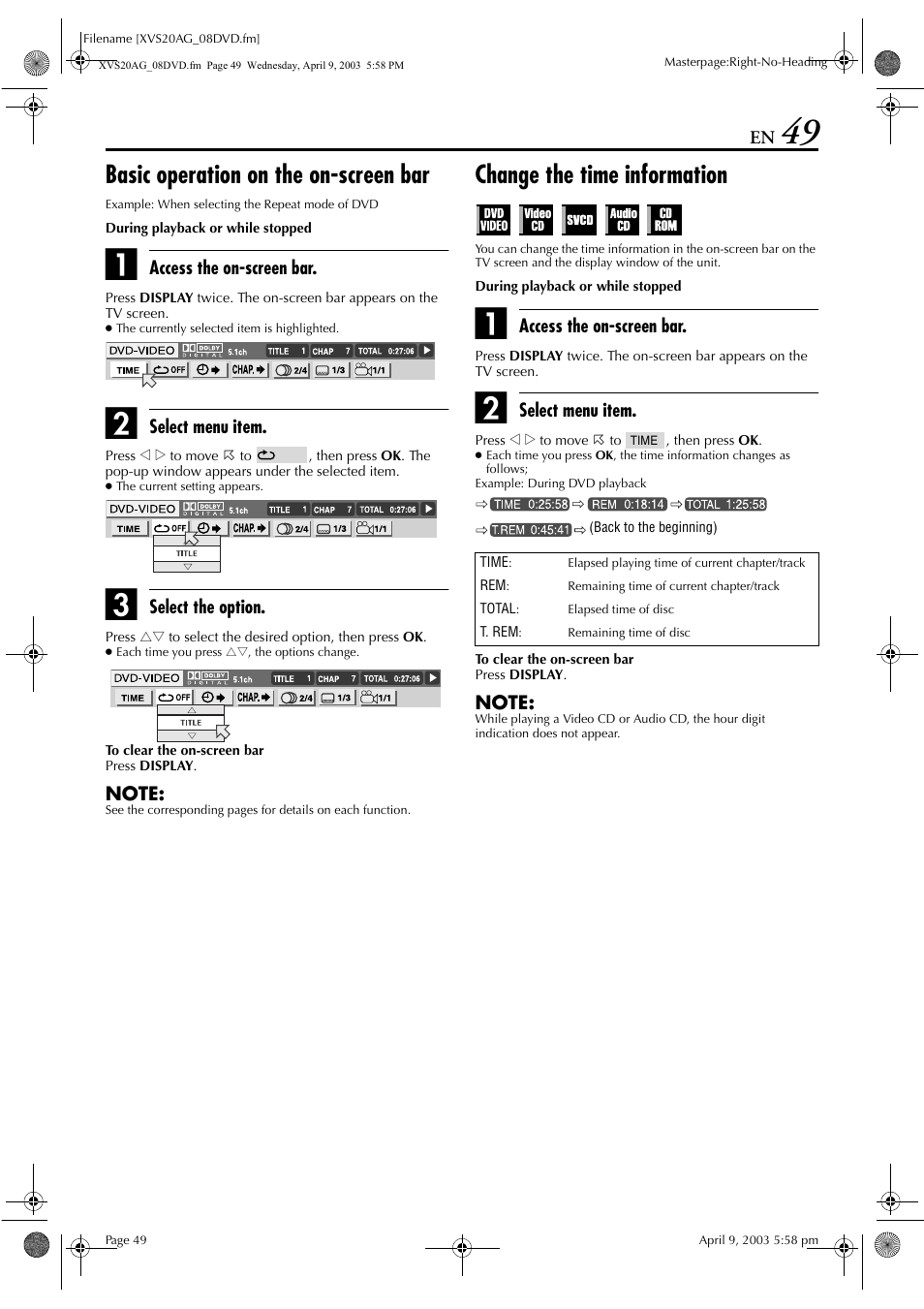 Basic operation on the on-screen bar, Change the time information, For other type of discs) | JVC LPT0762-001B User Manual | Page 49 / 100