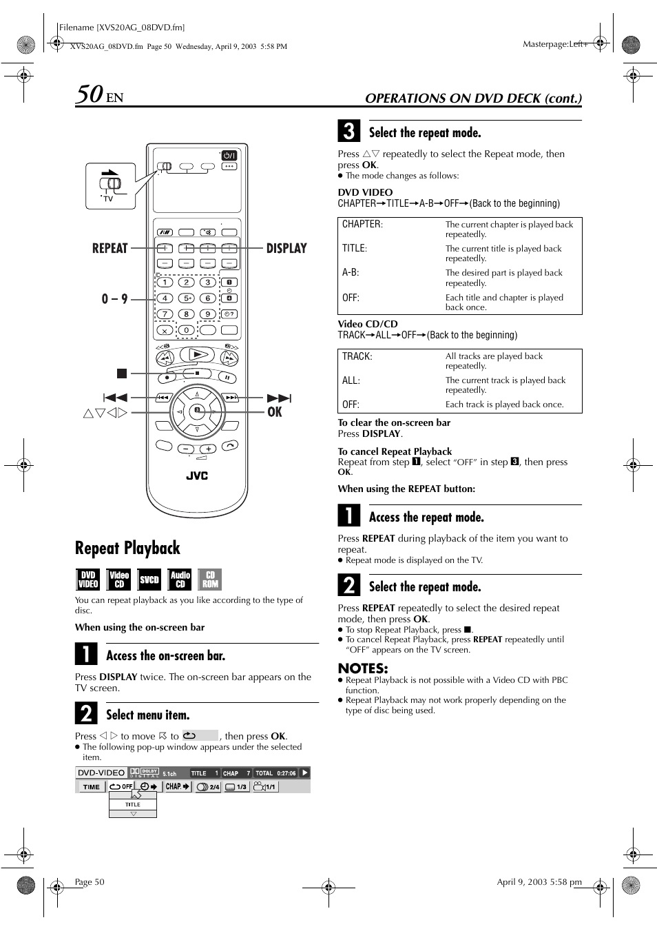 Repeat playback, Pg. 50, Mation | JVC LPT0762-001B User Manual | Page 50 / 100