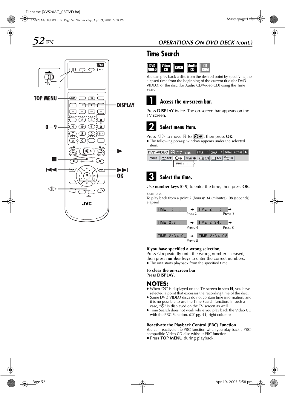 Time search, Pg. 50), Pg. 52) | JVC LPT0762-001B User Manual | Page 52 / 100