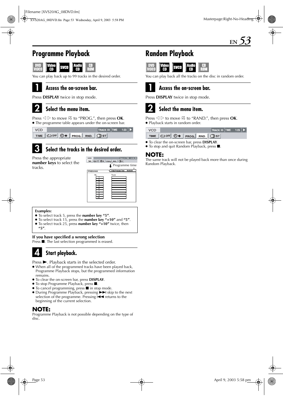 Programme playback, Random playback, View angle | Pg. 55), Pg. 53) | JVC LPT0762-001B User Manual | Page 53 / 100