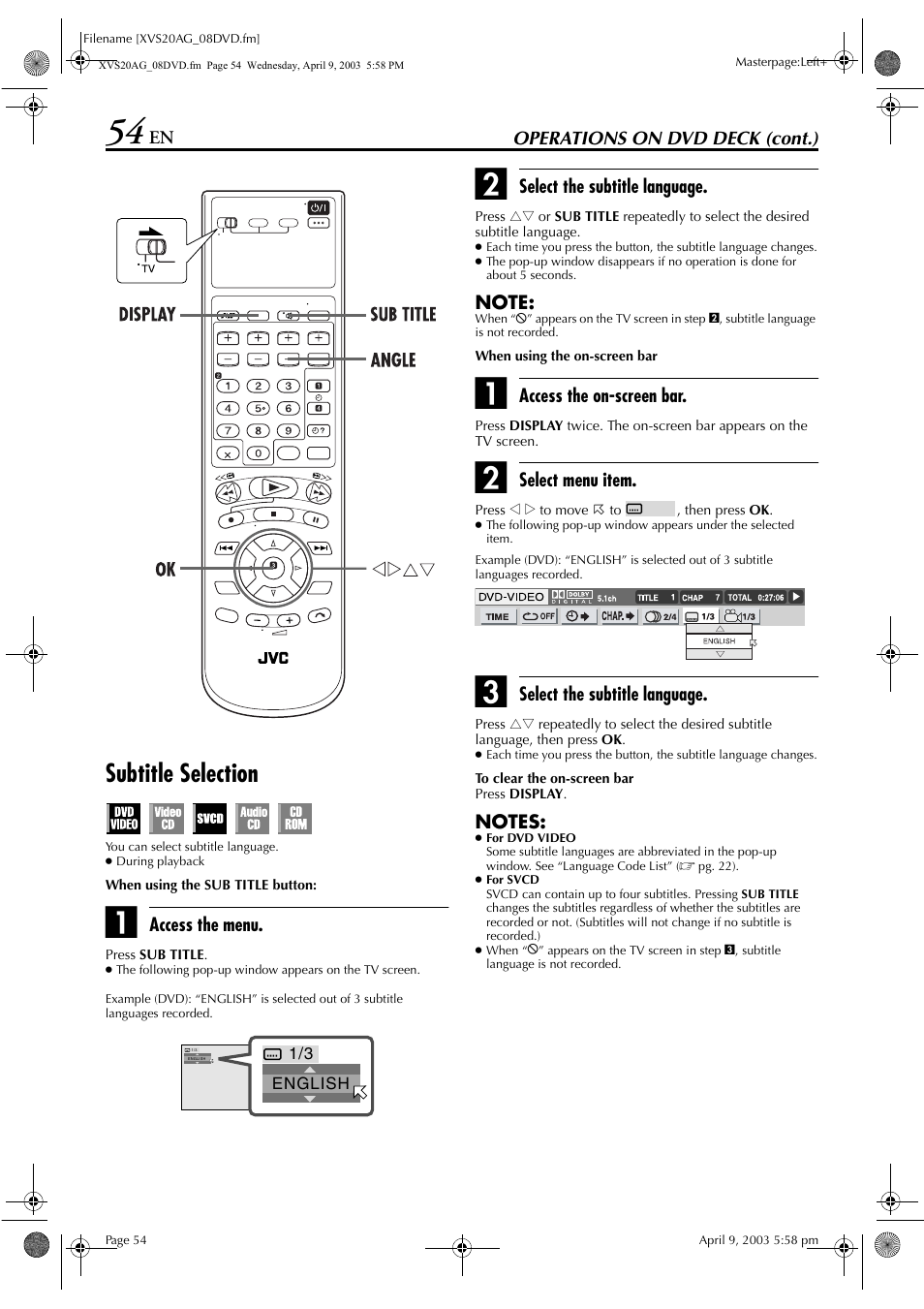 Subtitle selection, Pg. 54 | JVC LPT0762-001B User Manual | Page 54 / 100