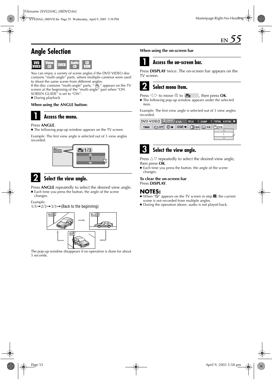Angle selection, Pg. 55, Language | Access the menu, Select the view angle, Access the on-screen bar, Select menu item | JVC LPT0762-001B User Manual | Page 55 / 100
