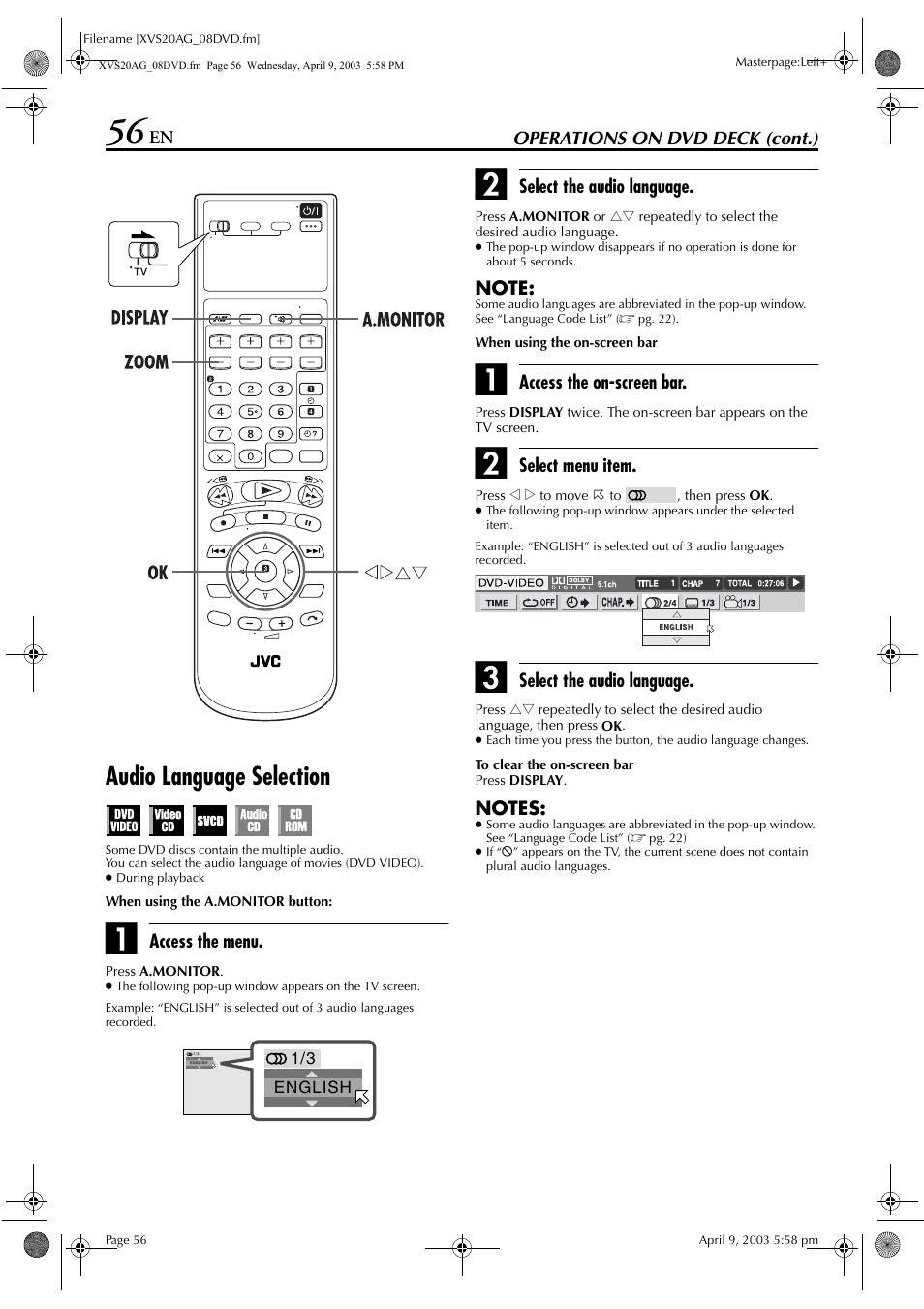 Audio language selection, Select this to c | JVC LPT0762-001B User Manual | Page 56 / 100