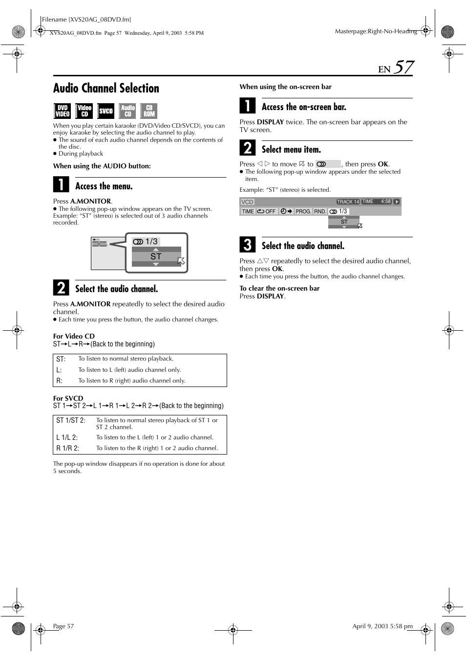 Audio channel selection, Access the menu, Select the audio channel | Access the on-screen bar, Select menu item | JVC LPT0762-001B User Manual | Page 57 / 100