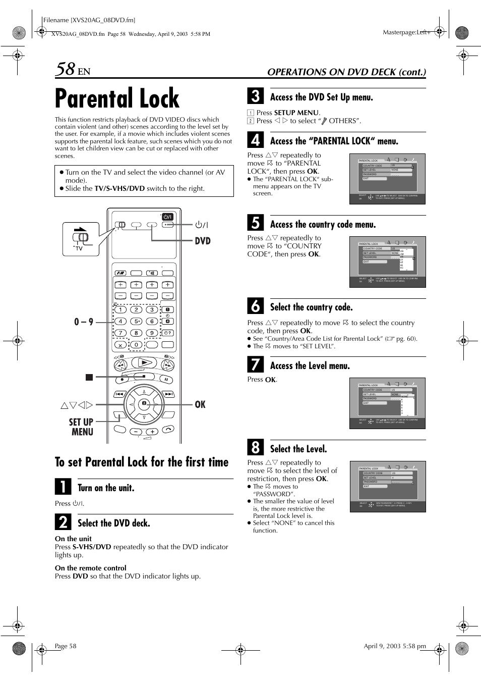 Parental lock, To set parental lock for the first time, Using the on-screen bar | To “parental lock, Pg. 58), Operations on dvd deck (cont.), Turn on the unit, Select the dvd deck, Access the dvd set up menu, Access the “parental lock“ menu | JVC LPT0762-001B User Manual | Page 58 / 100