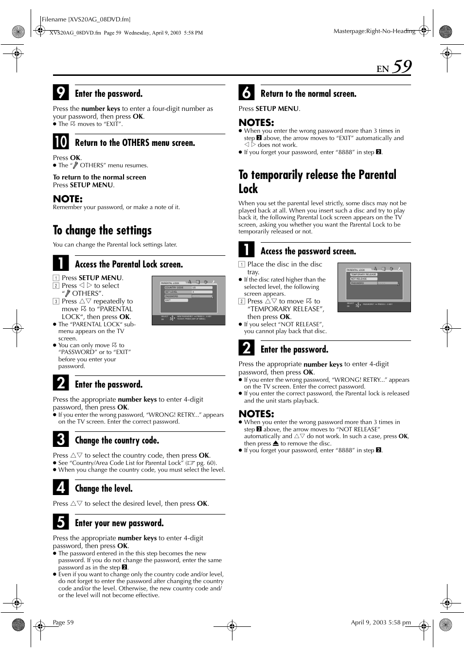 To change the settings, To temporarily release the parental lock, Enter the password | Return to the others menu screen, Access the parental lock screen, Change the country code, Change the level, Enter your new password, Return to the normal screen, Access the password screen | JVC LPT0762-001B User Manual | Page 59 / 100