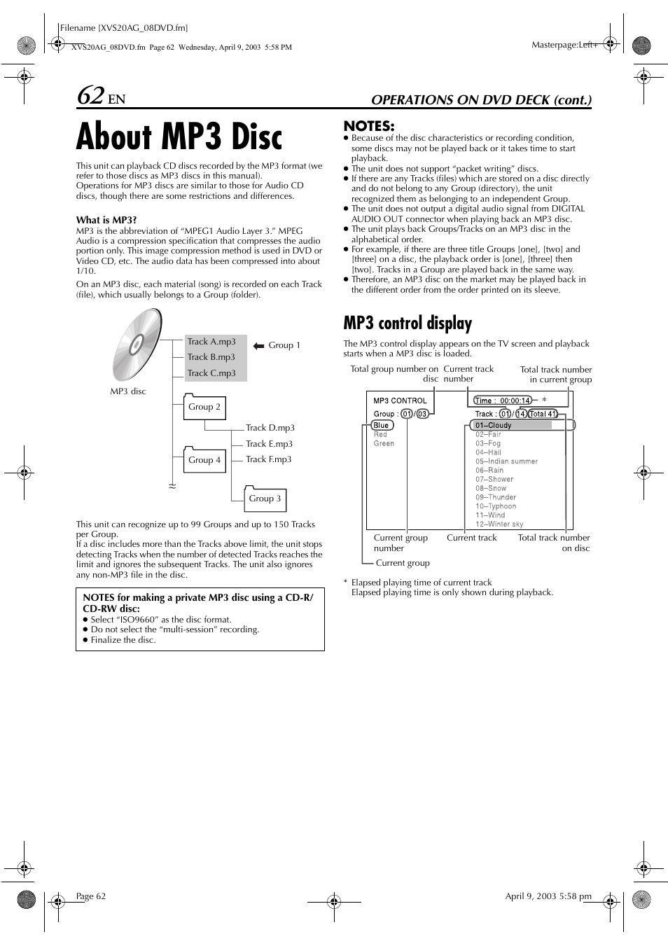 About mp3 disc, Mp3 control display, Parental lock | Operations on dvd deck (cont.) | JVC LPT0762-001B User Manual | Page 62 / 100