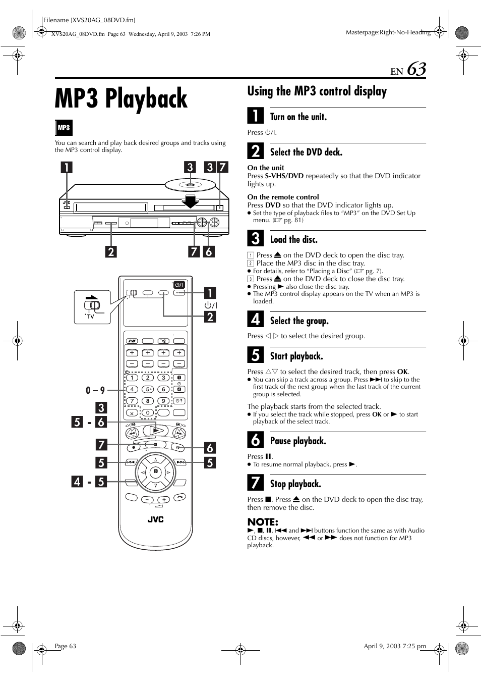 Mp3 playback, Using the mp3 control display, About mp3 disc | JVC LPT0762-001B User Manual | Page 63 / 100