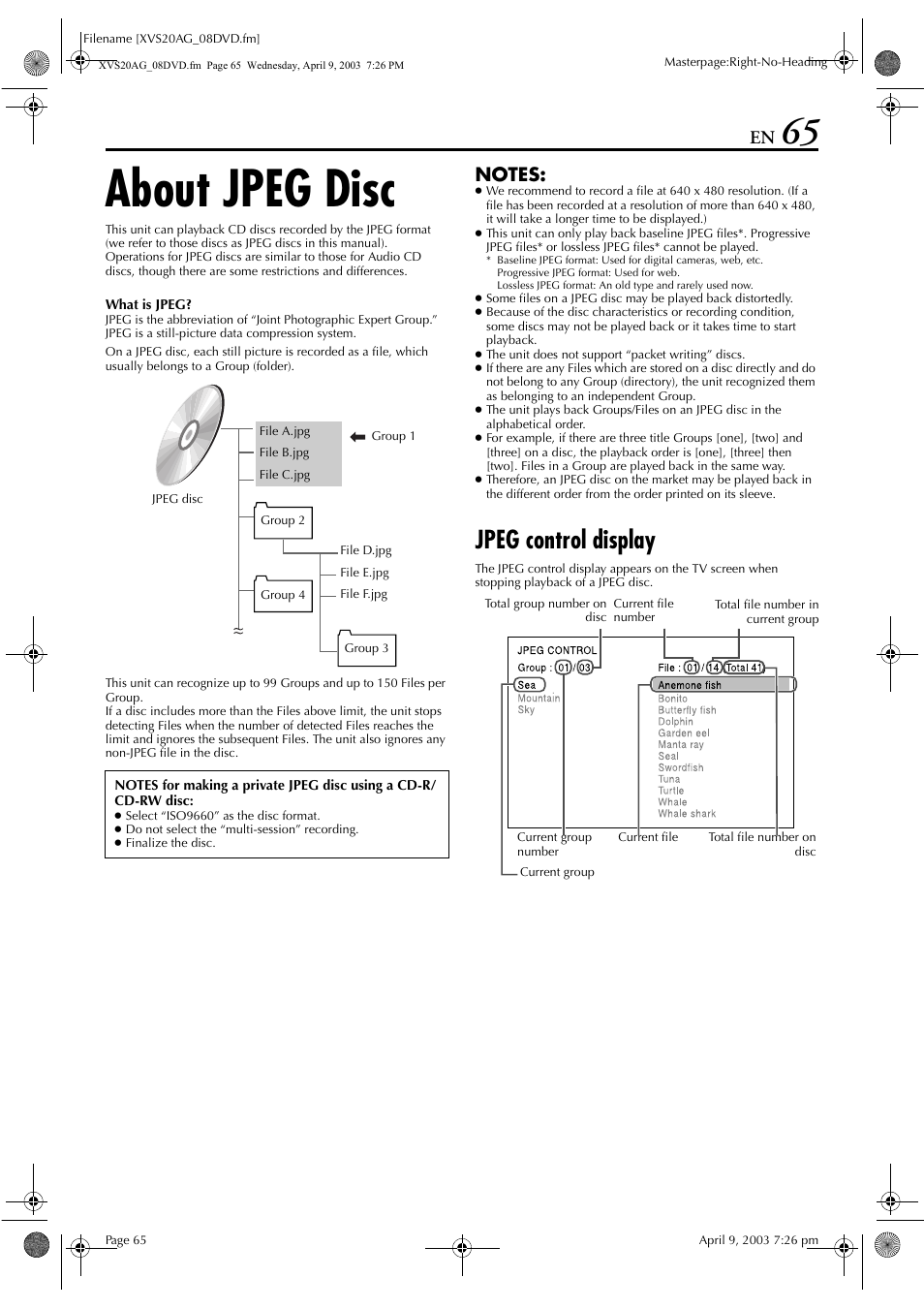 About jpeg disc, Jpeg control display, Mp3 playback | JVC LPT0762-001B User Manual | Page 65 / 100