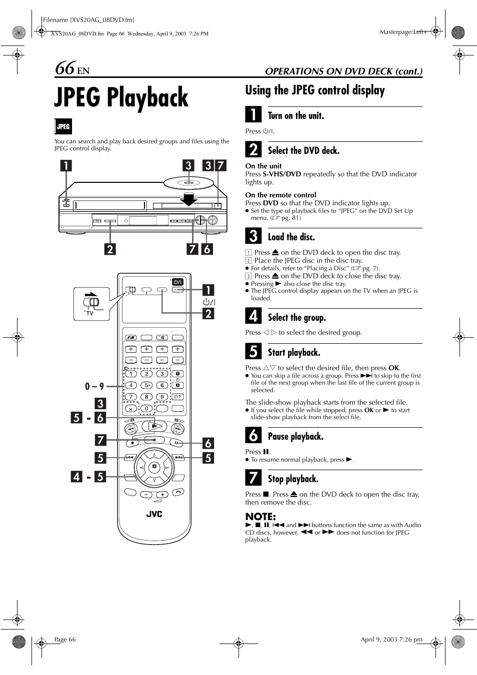 Jpeg playback, Using the jpeg control display, About jpeg disc | JVC LPT0762-001B User Manual | Page 66 / 100