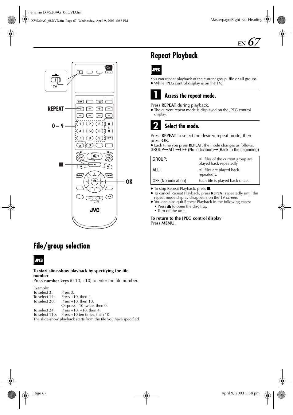 File/group selection, Repeat playback, Access the repeat mode | Select the mode | JVC LPT0762-001B User Manual | Page 67 / 100