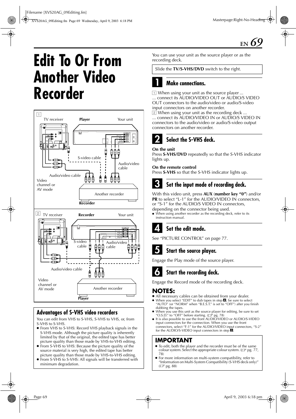 Edit to or from another video recorder, Pg. 69 | JVC LPT0762-001B User Manual | Page 69 / 100