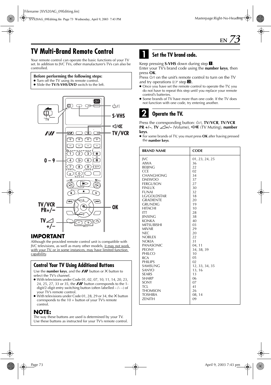 Tv multi-brand remote control, Pg. 73, Pg. 73) | Important, Set the tv brand code, Operate the tv, Control your tv using additional buttons | JVC LPT0762-001B User Manual | Page 73 / 100