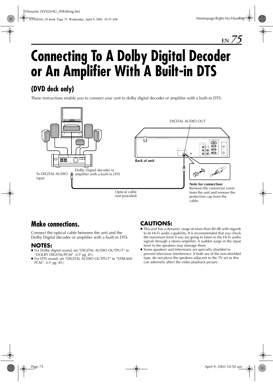 Make connections, Connecting to a dolby digital decoder or, An amplifier with a built-in dts (dvd deck only) | Dvd deck only) | JVC LPT0762-001B User Manual | Page 75 / 100