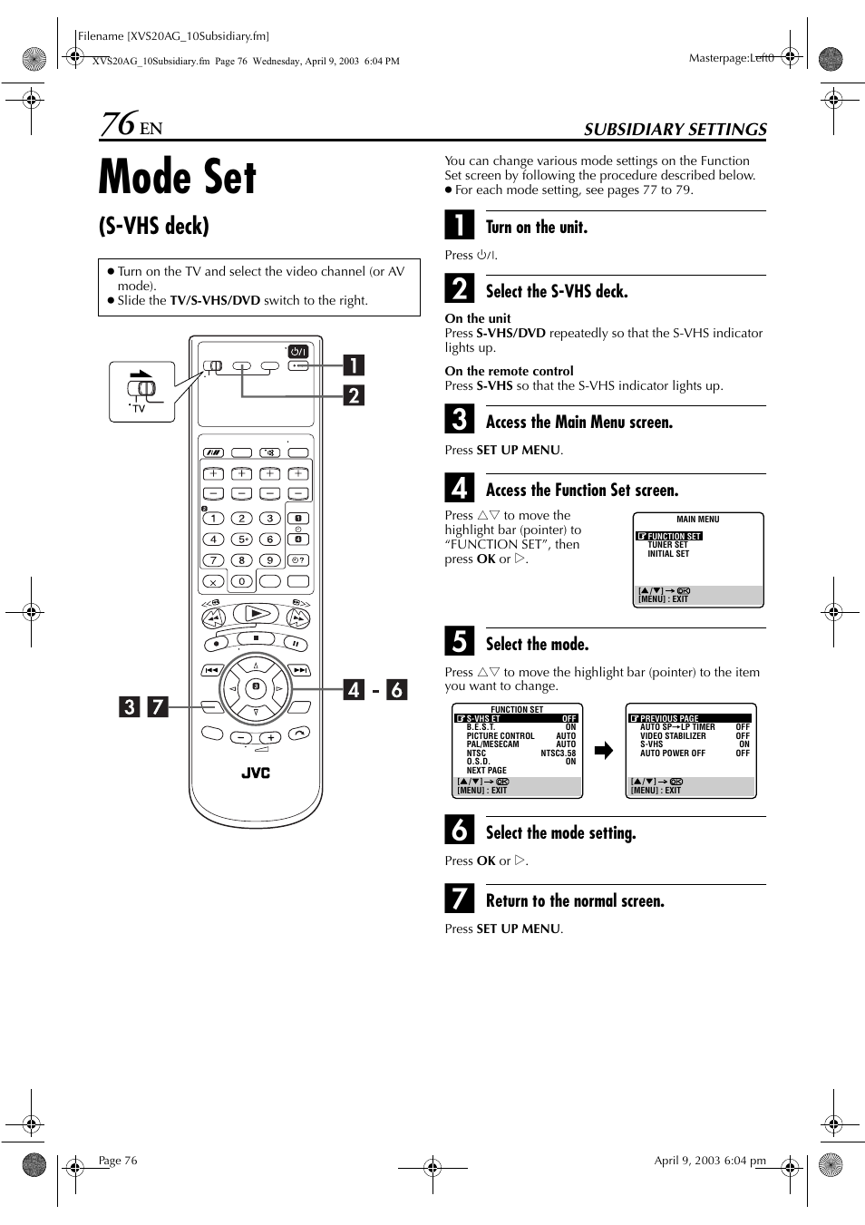 Subsidiary settings, Mode set (s-vhs deck), Mode set | S-vhs deck) | JVC LPT0762-001B User Manual | Page 76 / 100