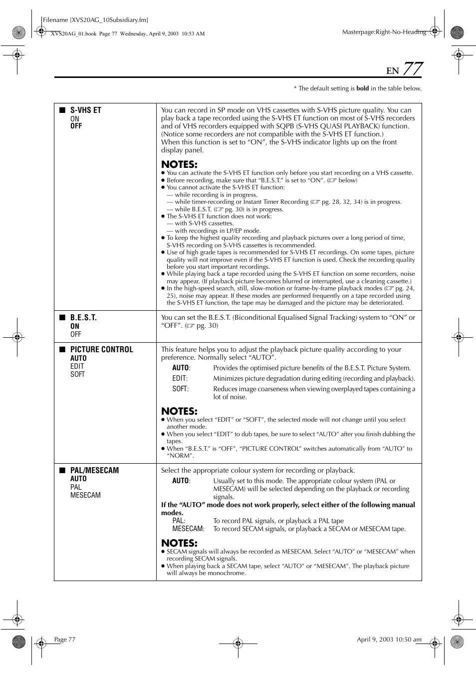 Pg. 77, 79, Pg. 77, 78, Pg. 77) | Preference, To “off, See “picture control, Pg. 77 | JVC LPT0762-001B User Manual | Page 77 / 100