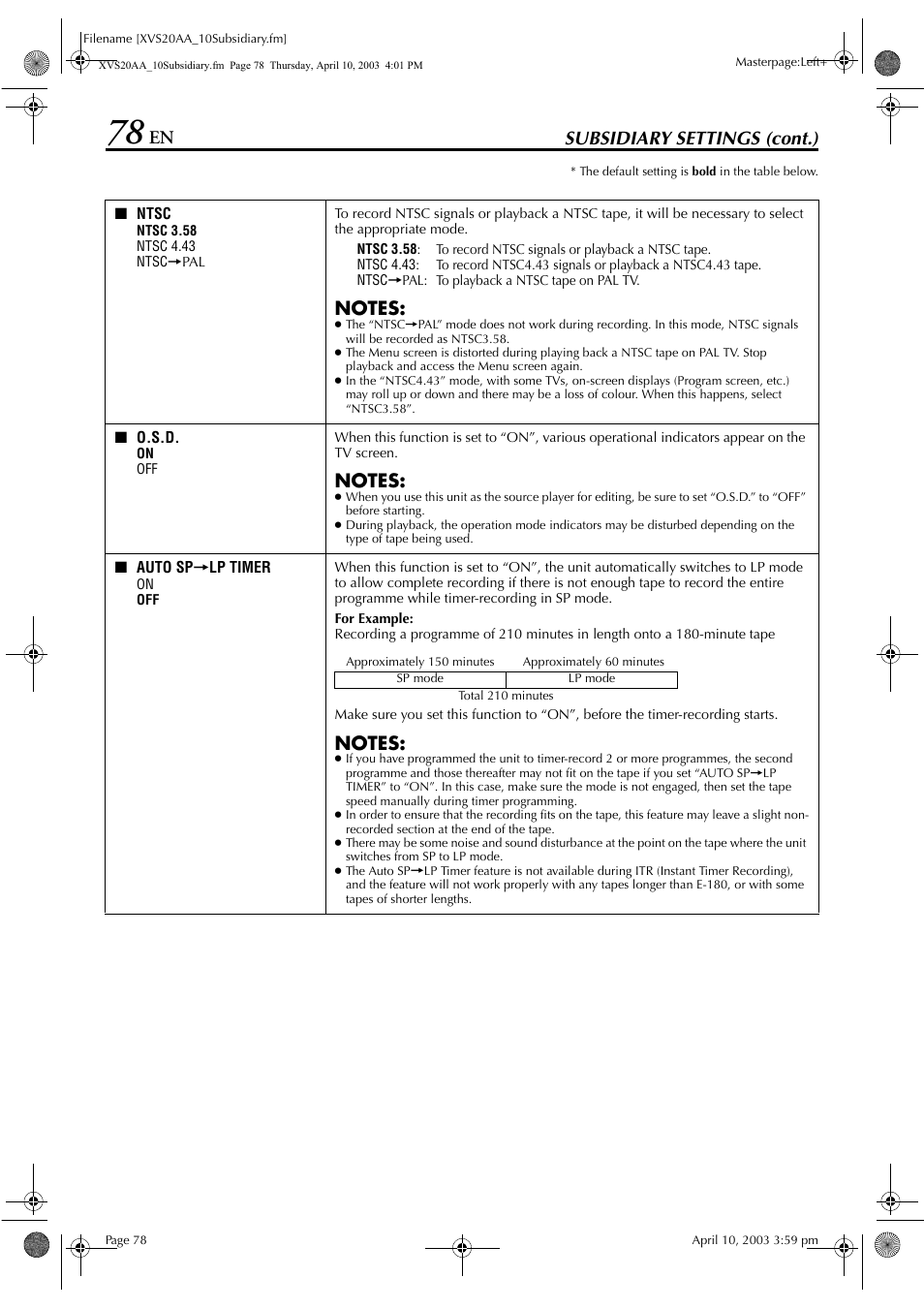 Pg. 78), Set to “on”), Subsidiary settings (cont.) | JVC LPT0762-001B User Manual | Page 78 / 100