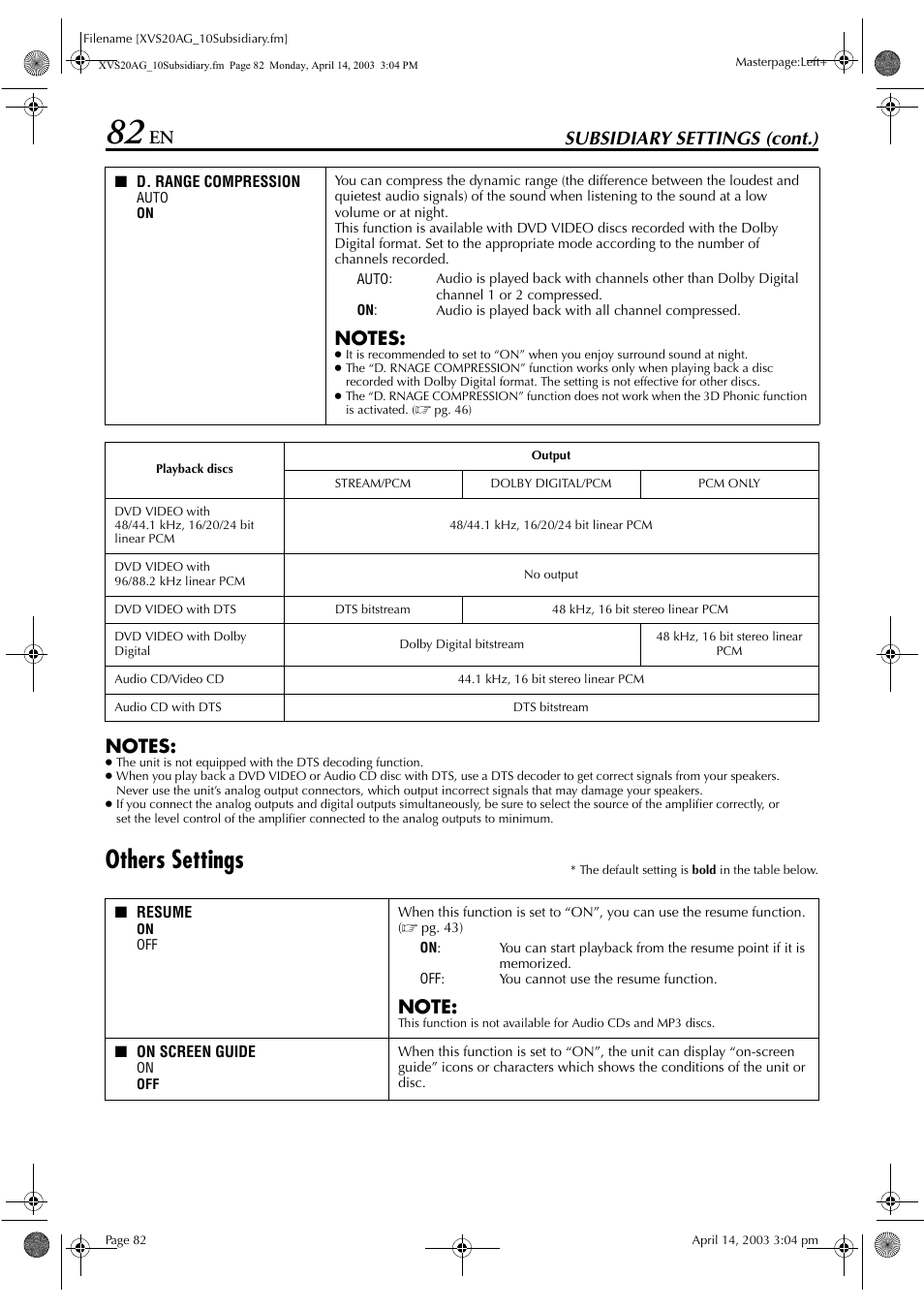 To “on, Pg. 82), Others settings | Subsidiary settings (cont.) | JVC LPT0762-001B User Manual | Page 82 / 100