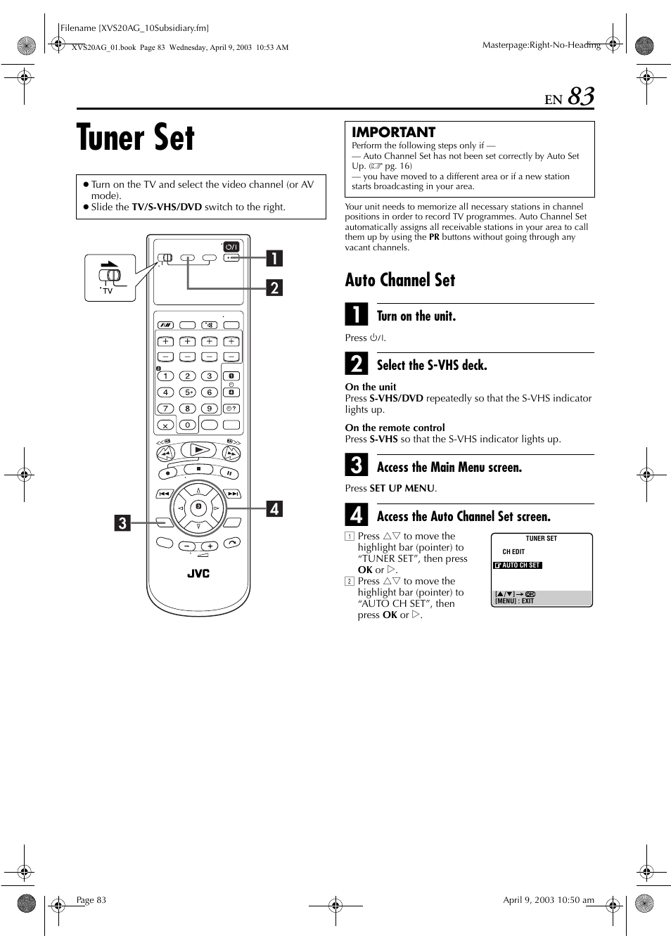 Tuner set, Auto channel set, Tting | Pg. 87 | JVC LPT0762-001B User Manual | Page 83 / 100